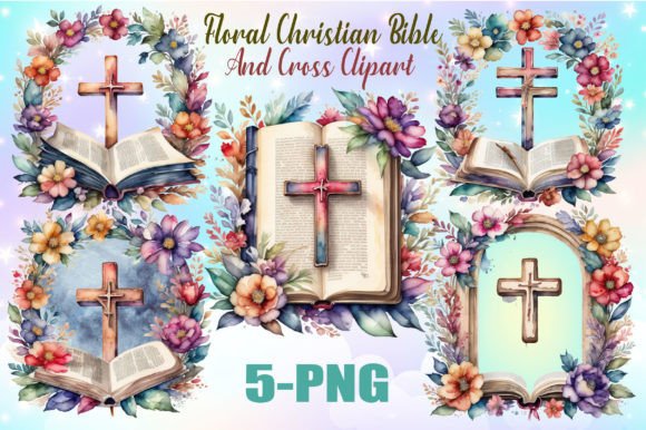 Floral Christian Bible and Cross Illustrations for Crafters